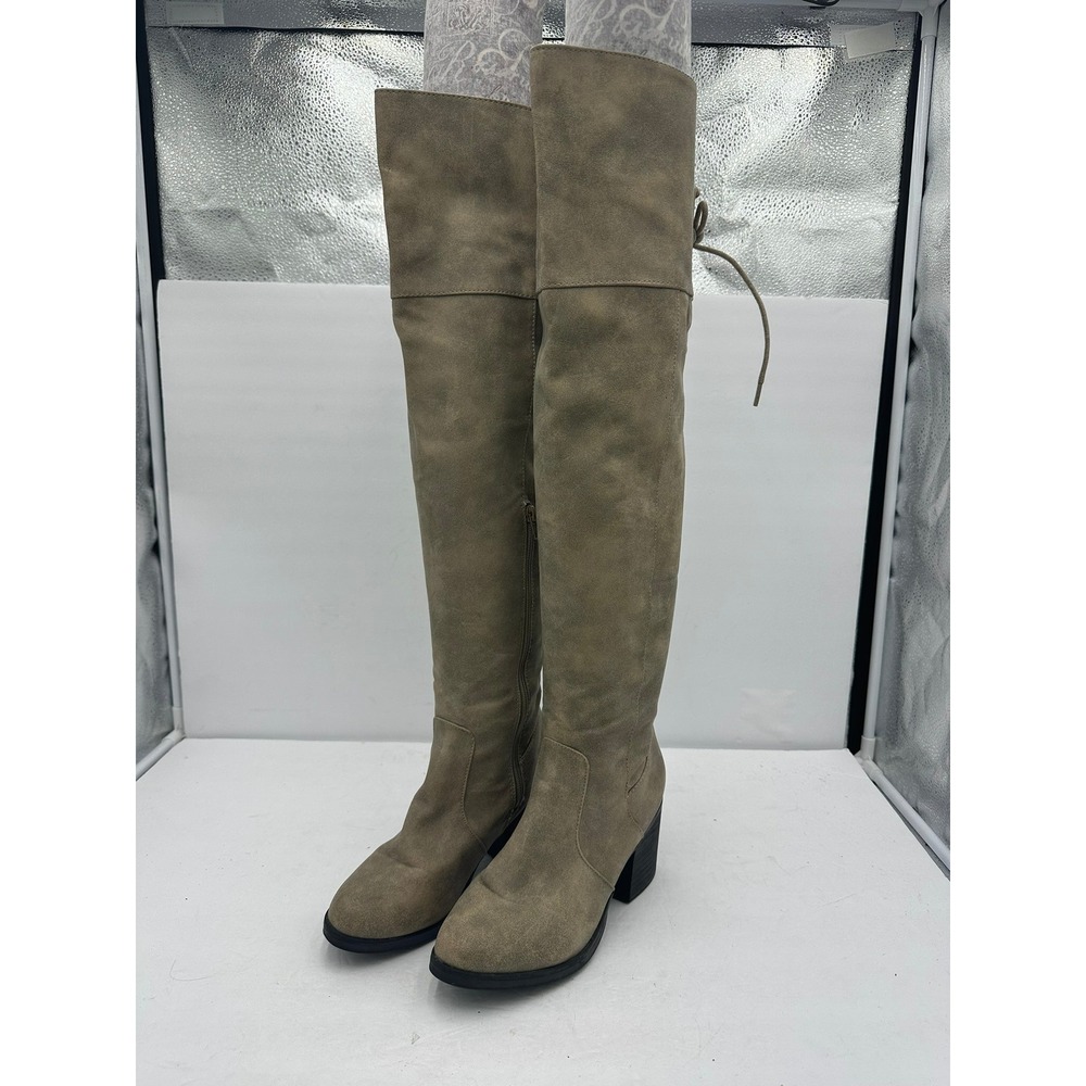 Bamboo Women Taupe Faux Suede Lace Up Back Over The Knee Block Heel Boots Size 7
